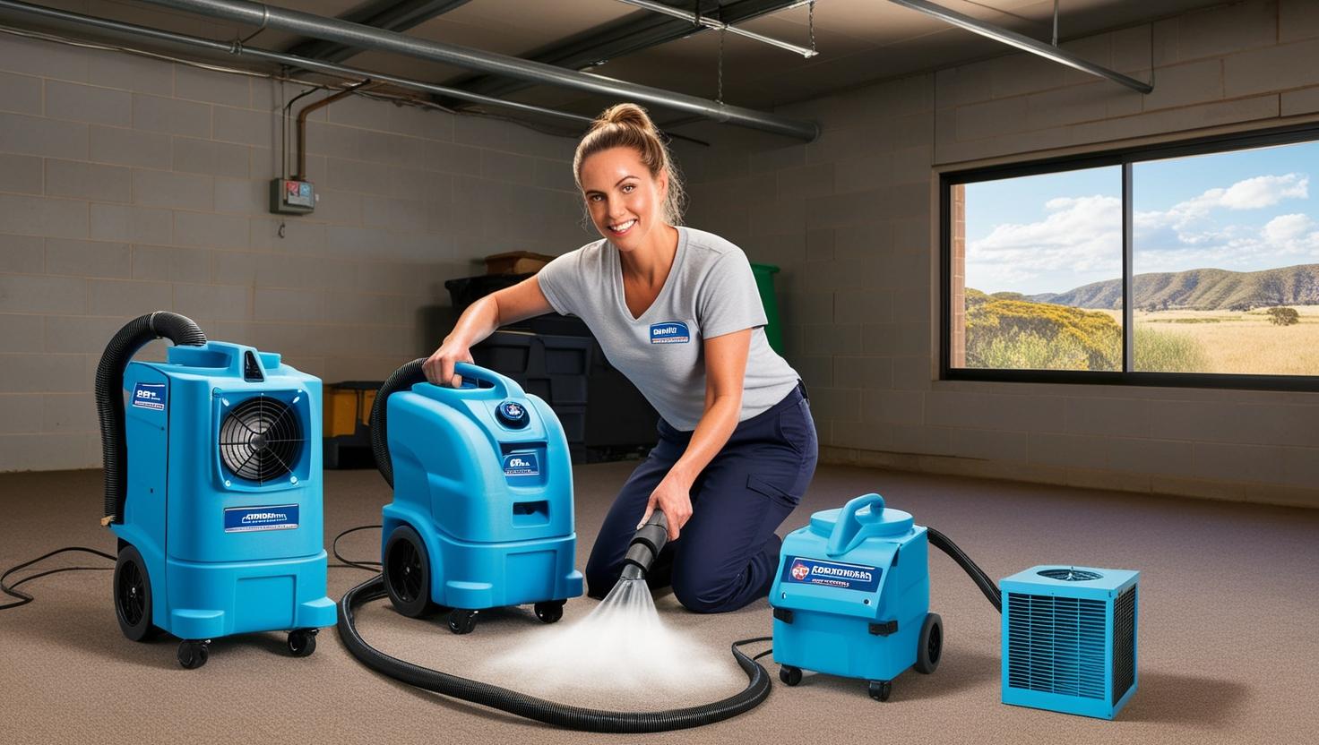 Woman using professional equipment demonstrating effective moisture management in a spacious room with natural light Woman using professional equipment demonstrating effective moisture management in a spacious room with natural light